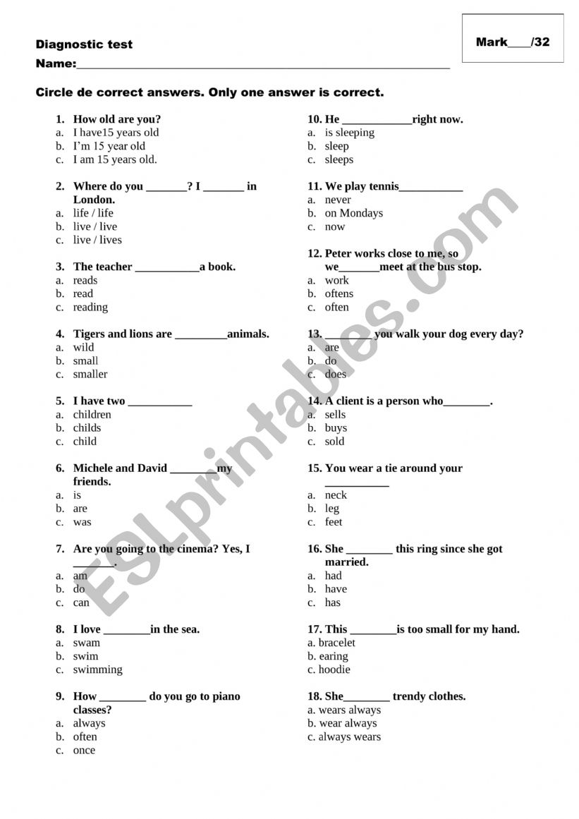 Diagnostic Test with key. worksheet