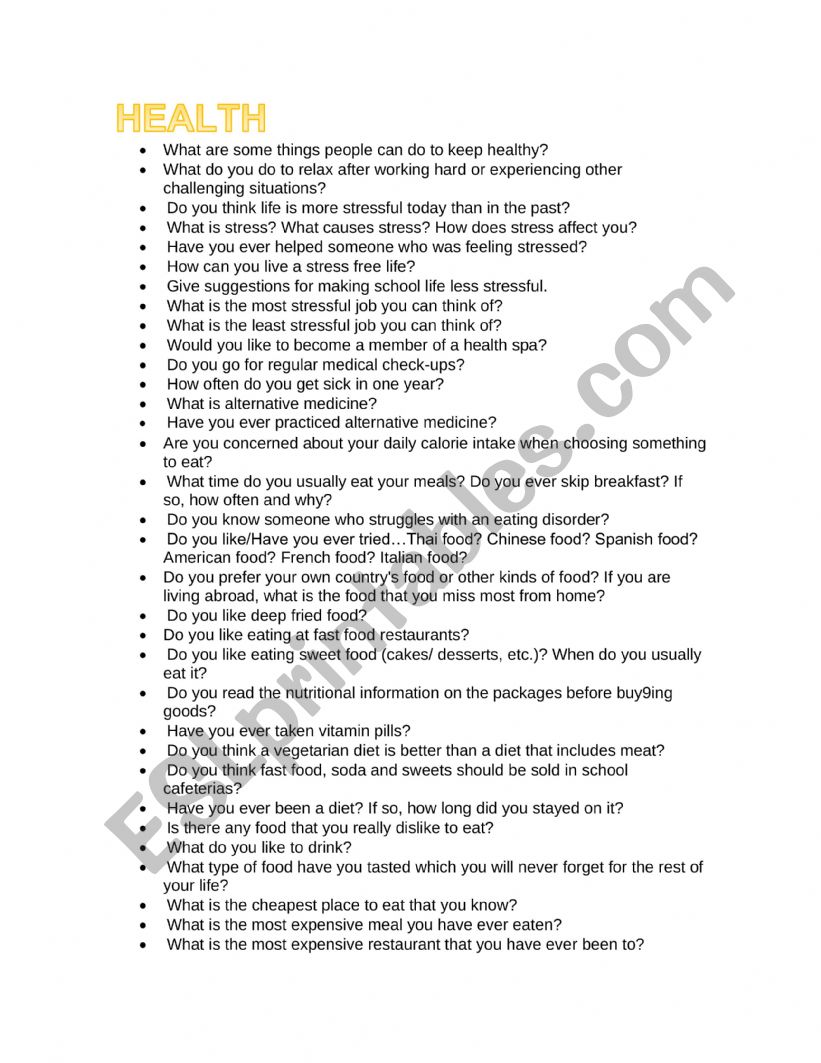 HEALTH SPEAKING ACTIVITIES worksheet