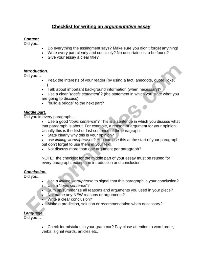 personal essay writing checklist