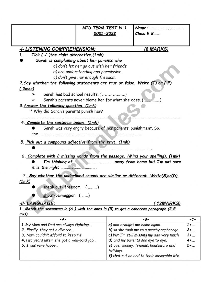 mid term test 9th form  worksheet
