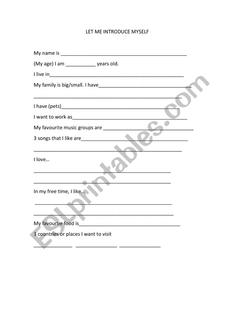 LET ME INTRODUCE MYSELF worksheet