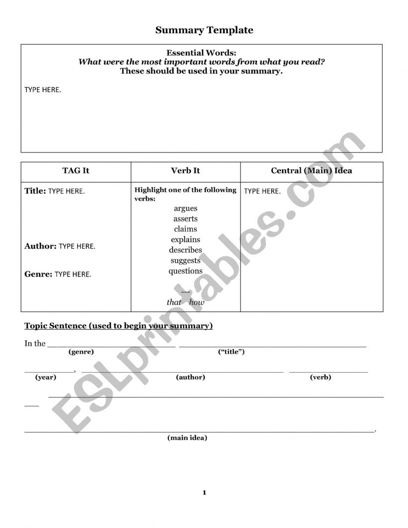 Summary template worksheet