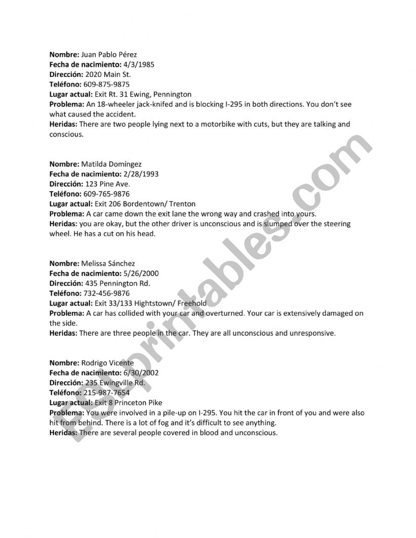 Car accident 9-11 role plays worksheet