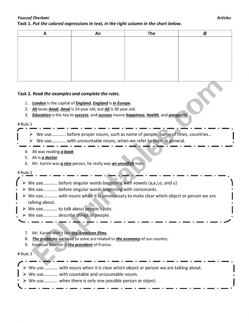 Articles worksheet