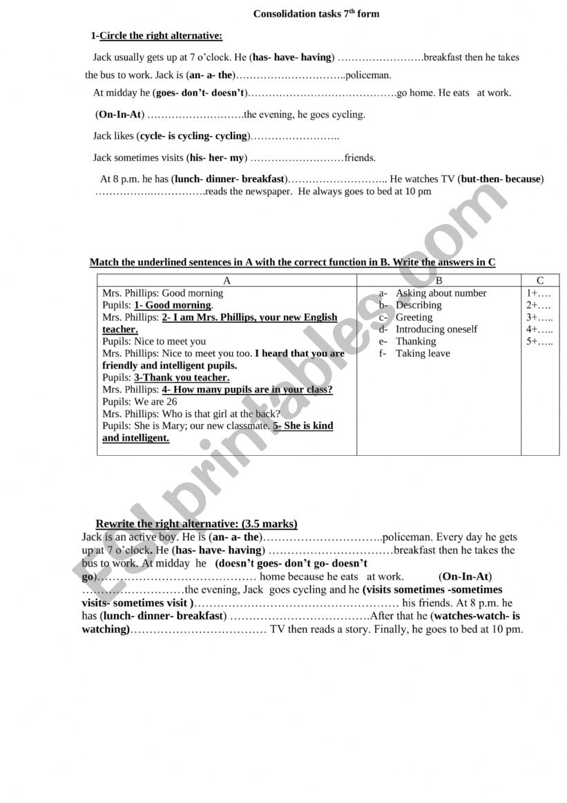 7th form conolidation tasks  worksheet