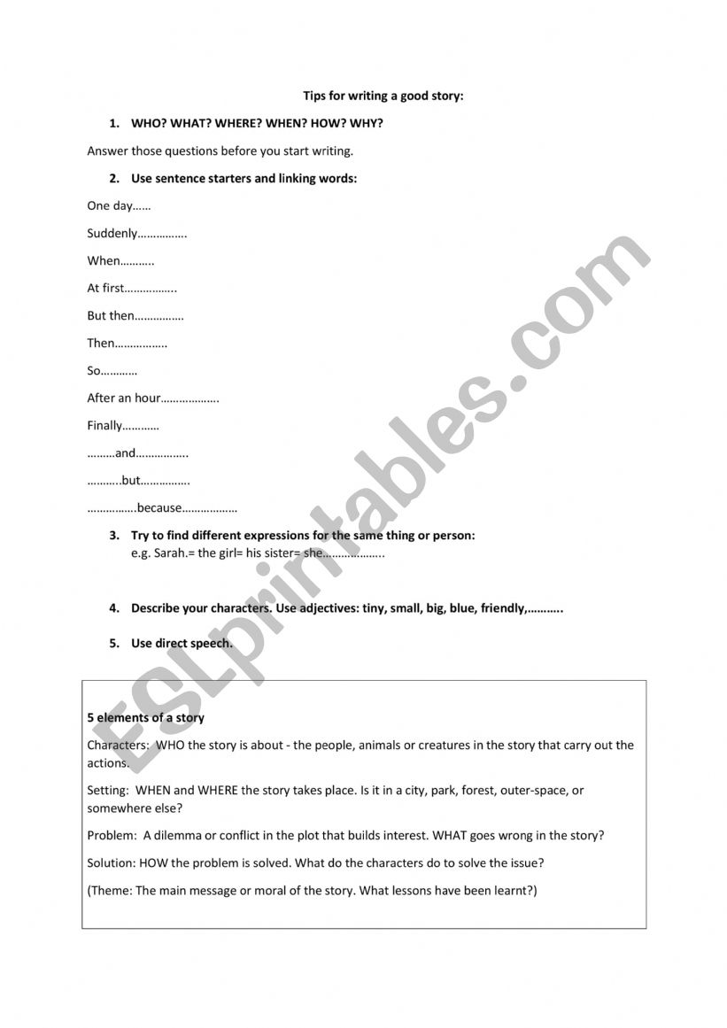 How to write a good story worksheet