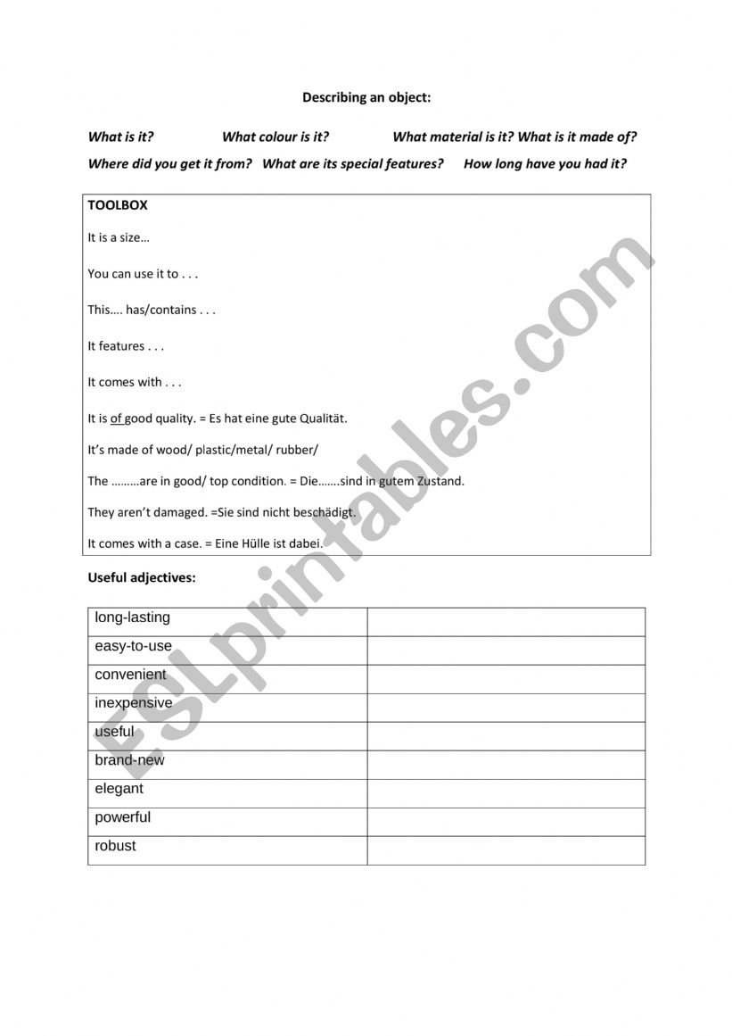 Describing an object worksheet