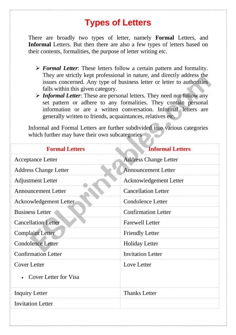 types of letters - ESL worksheet by gtar