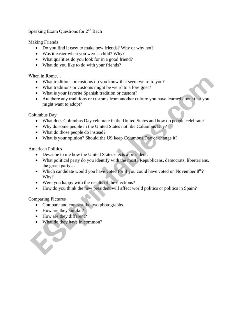 Speaking Questions worksheet