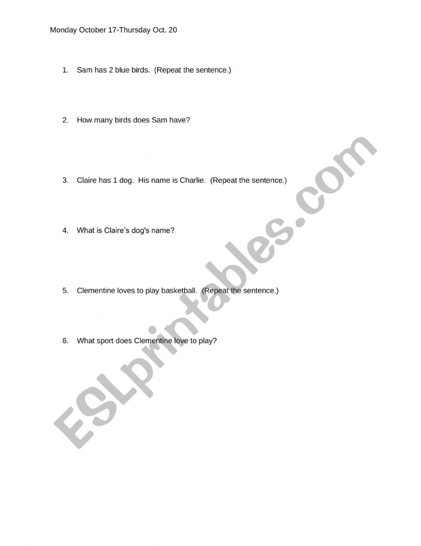 Read and Response worksheet