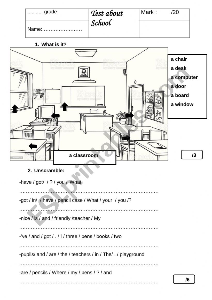 A test about school worksheet