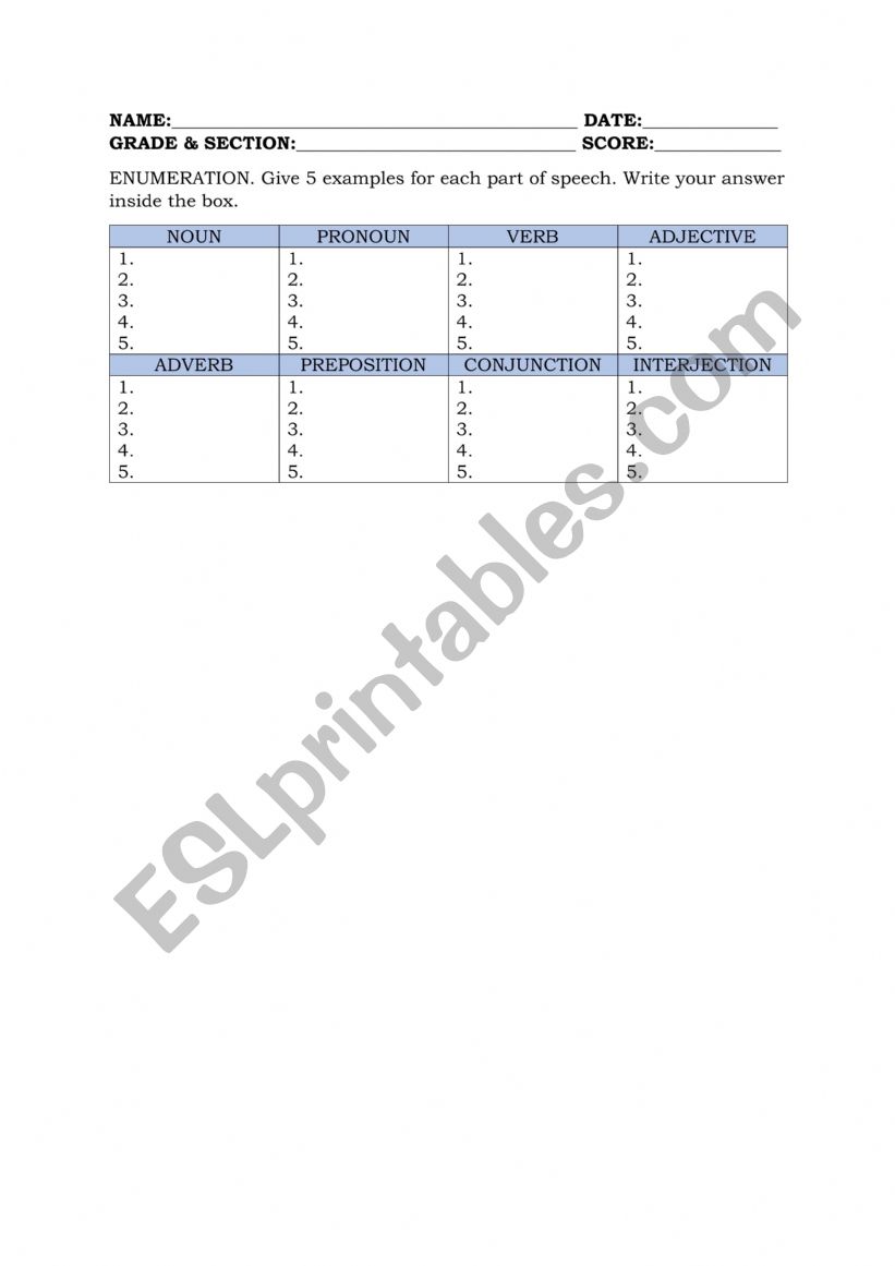 PARTS OF SPEECH worksheet