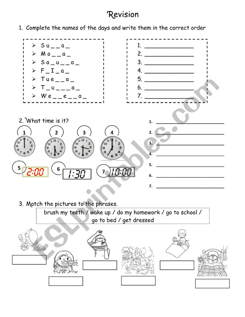 Days, Time, Routines Revision worksheet