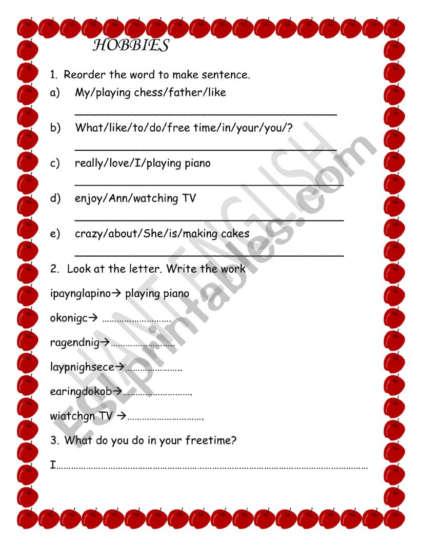 hobbies  worksheet