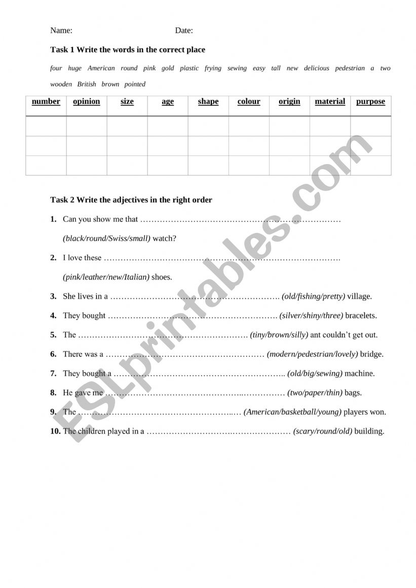 Order of adjectives worksheet