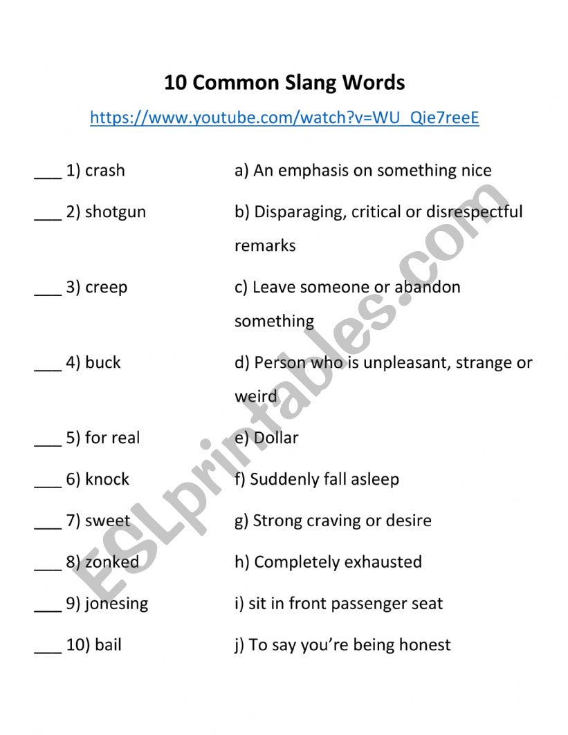 10 Common Slang Words worksheet