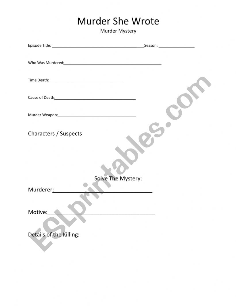 Murder She Wrote Worksheets worksheet