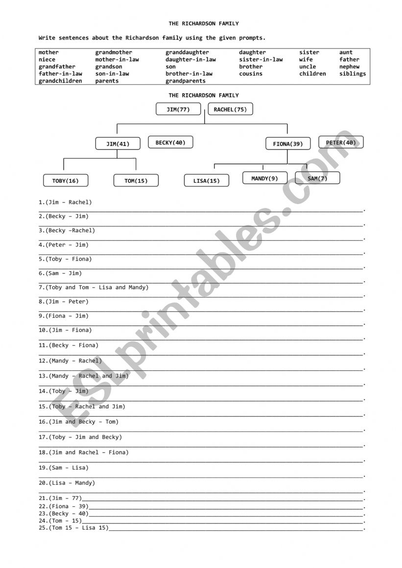 THE RICHARDSON FAMILT worksheet