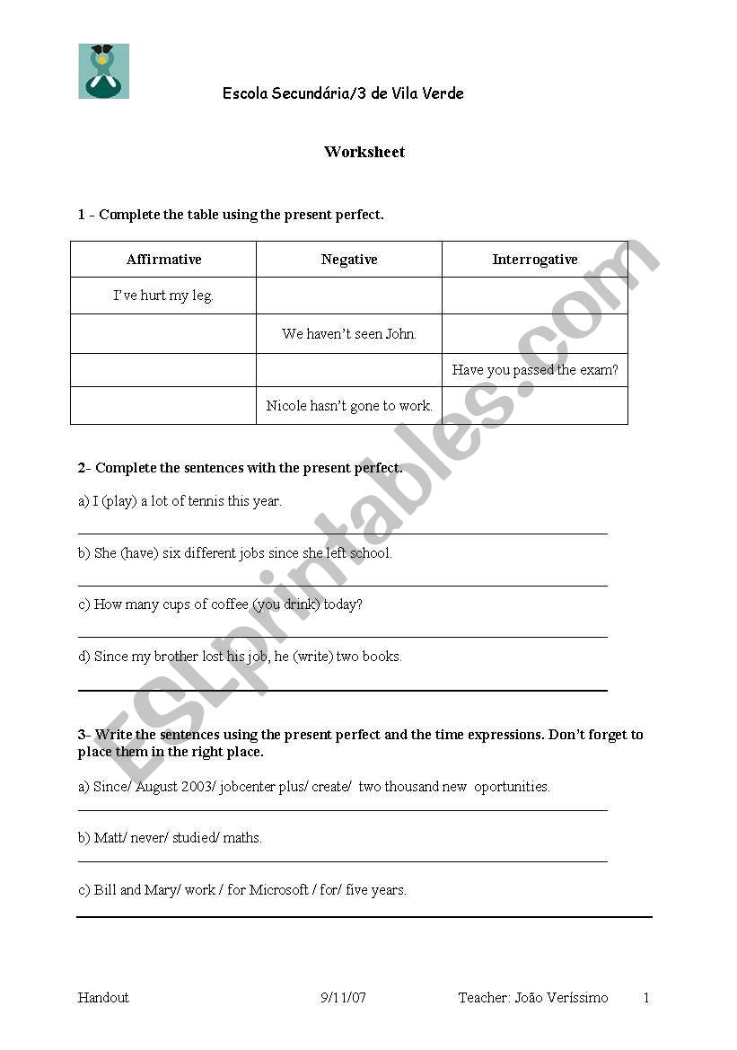 Present Perfect Exercises worksheet