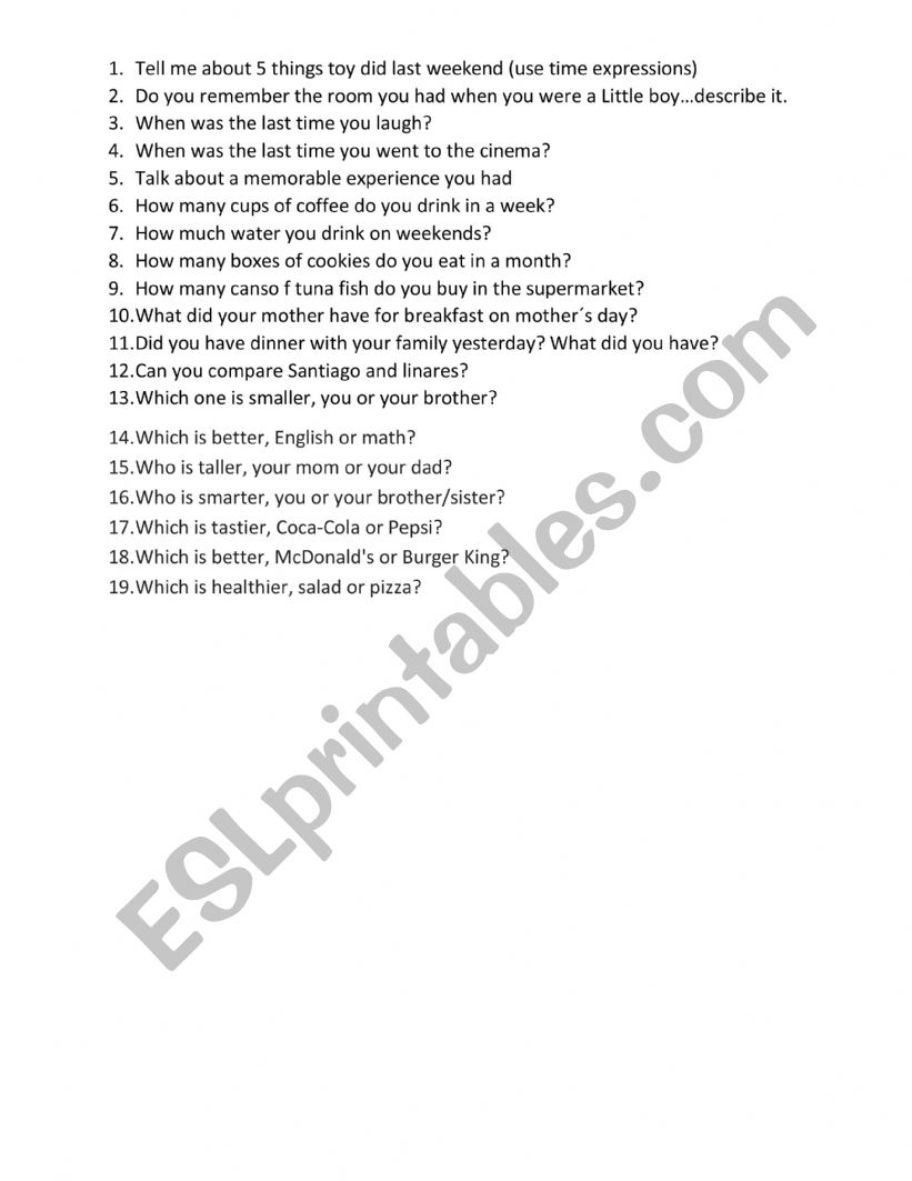 Questions For Oral Practice - ESL Worksheet By Mrcampos