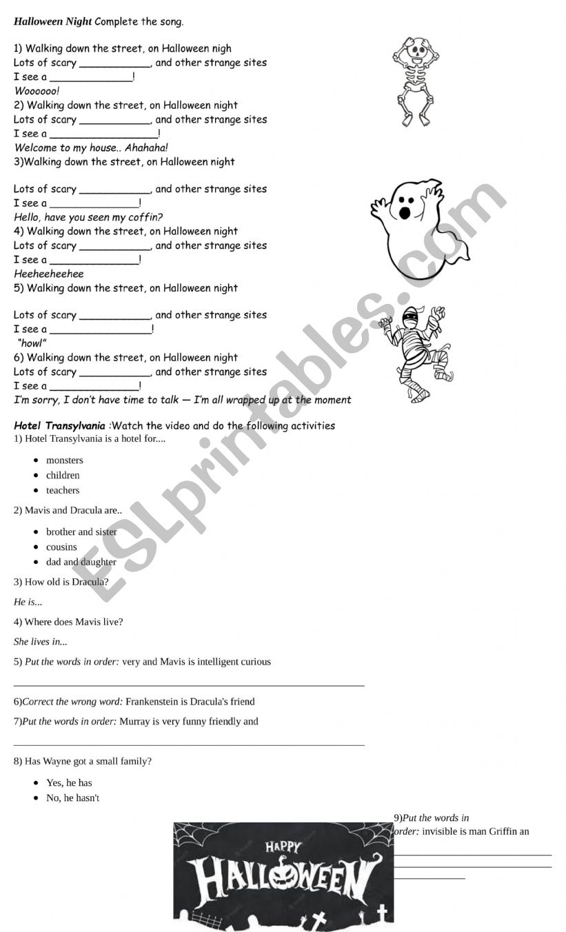 Halloween song and video worksheet