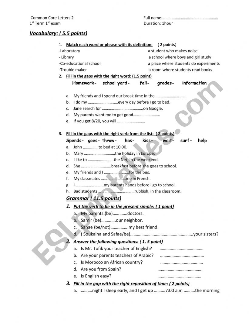 For  Beginners 1st Term Exam worksheet