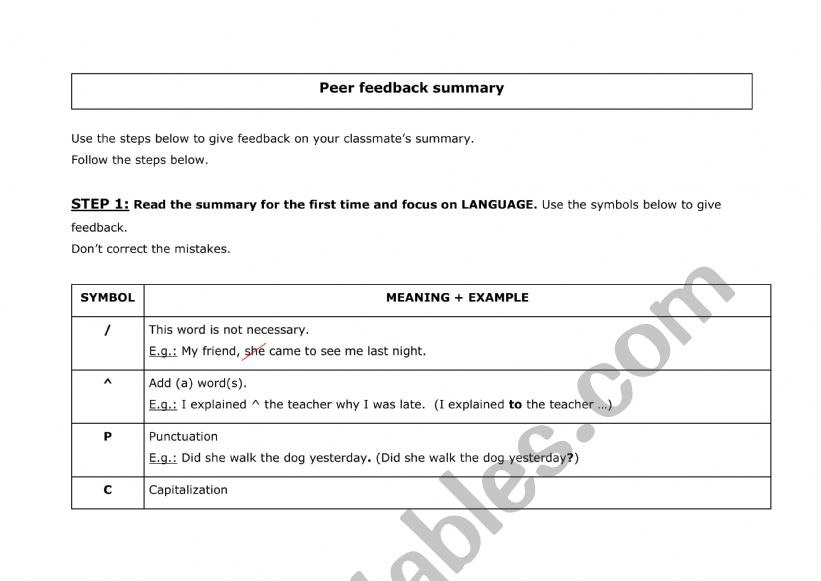 Peer feedback summary worksheet