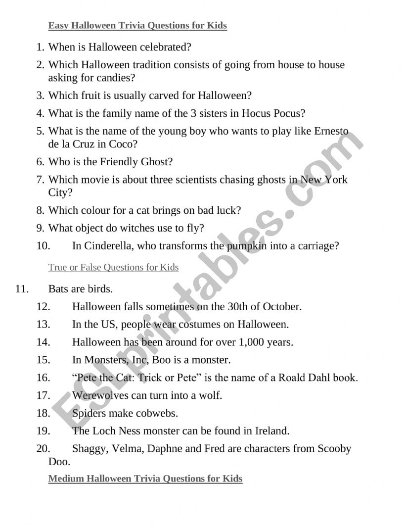 Halloween quizes for kids worksheet