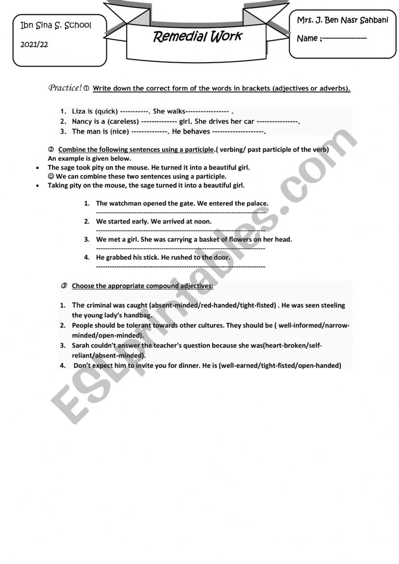 remedial work worksheet