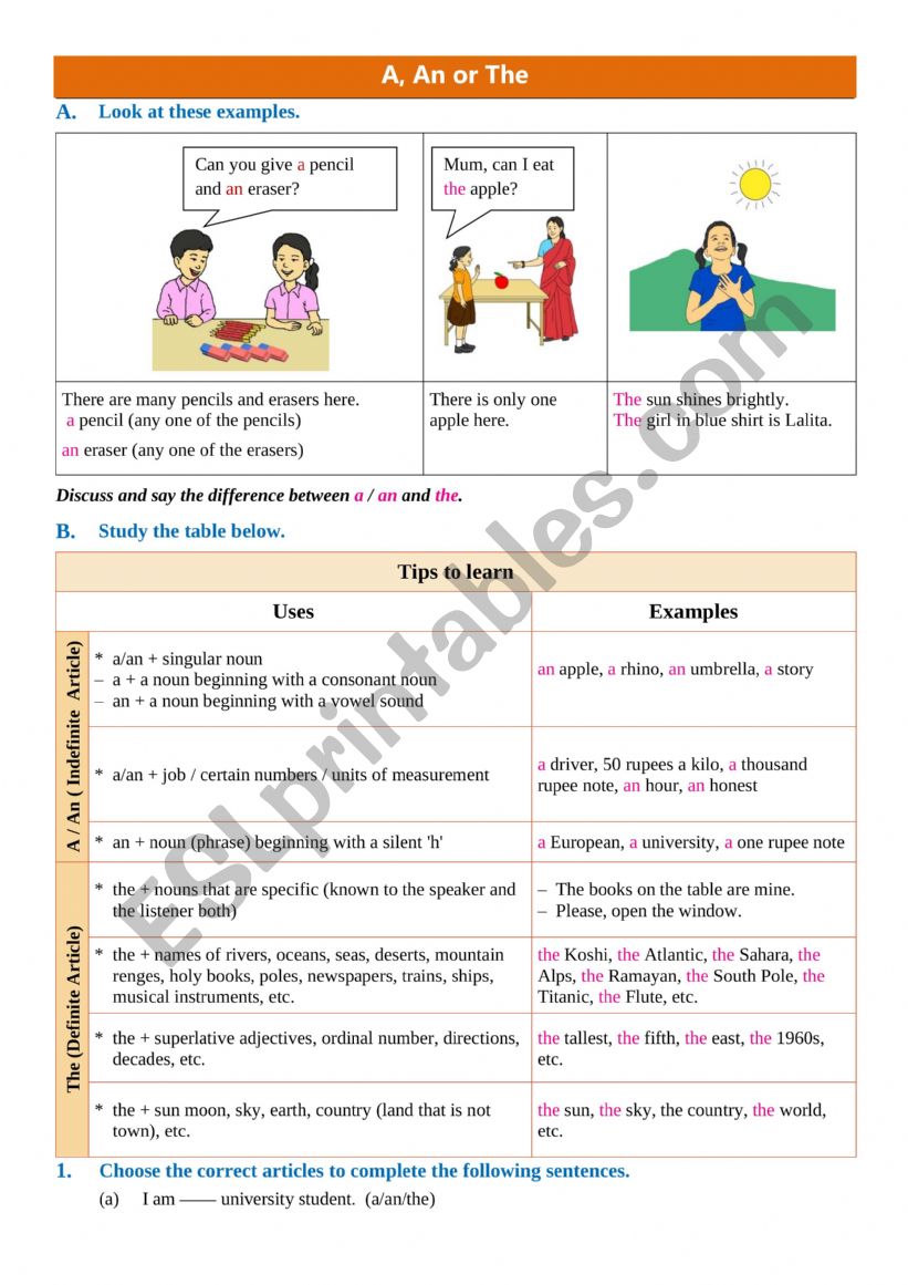 A, An or The worksheet