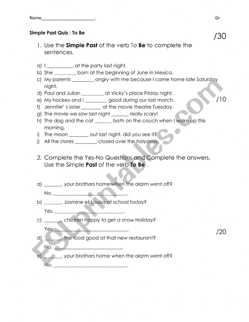Simple Past Quiz with To Be 1 worksheet