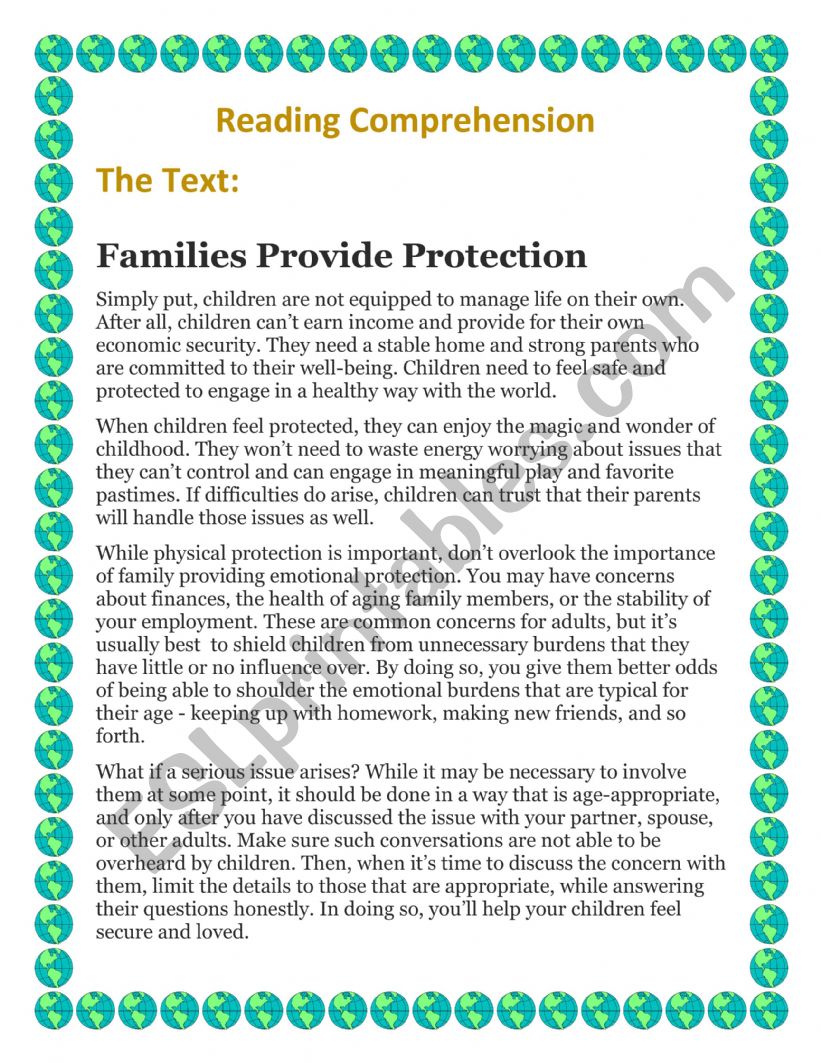 Protection provided by family worksheet