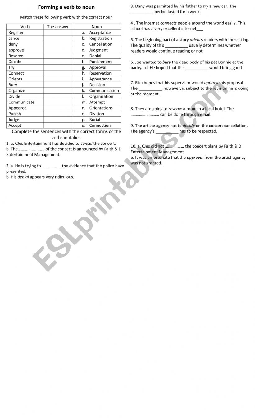 forming noun from verb worksheet