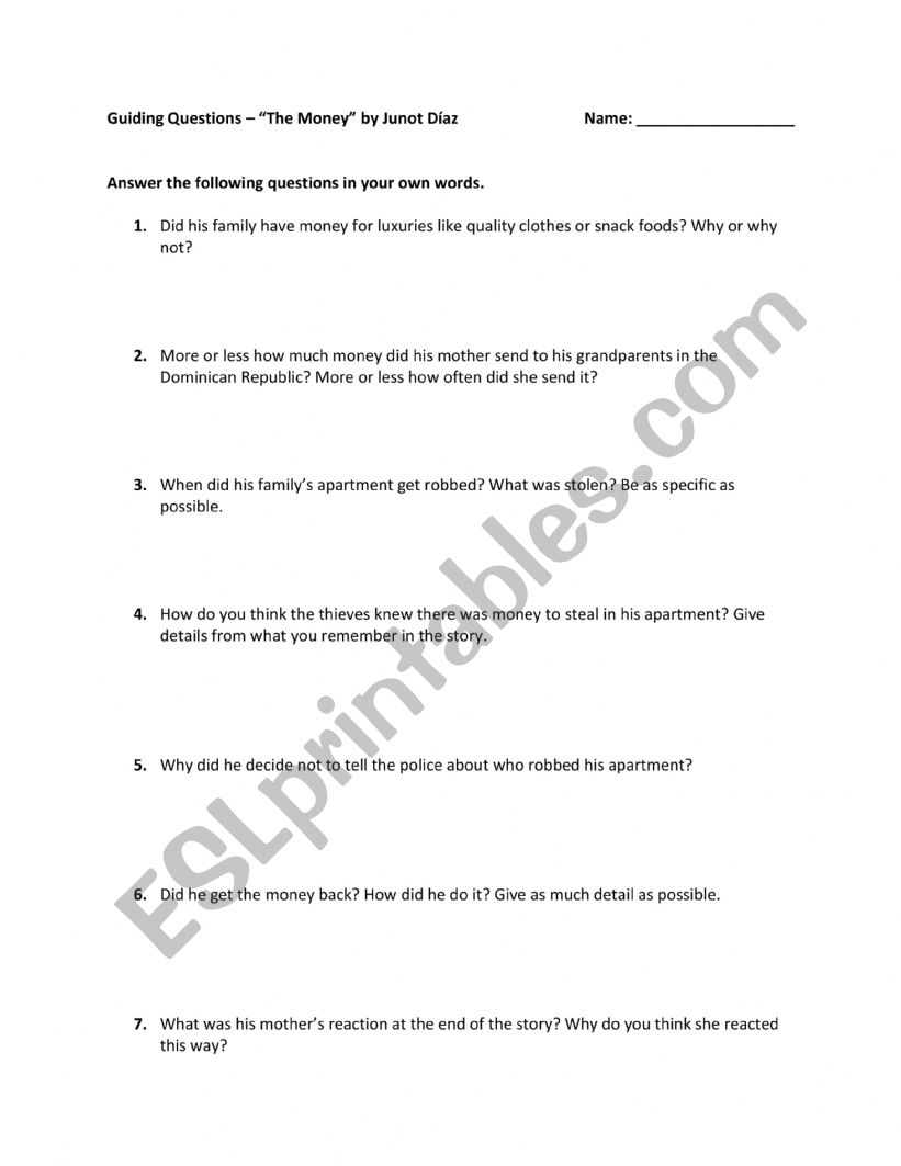 The Money by Junot Diaz worksheet