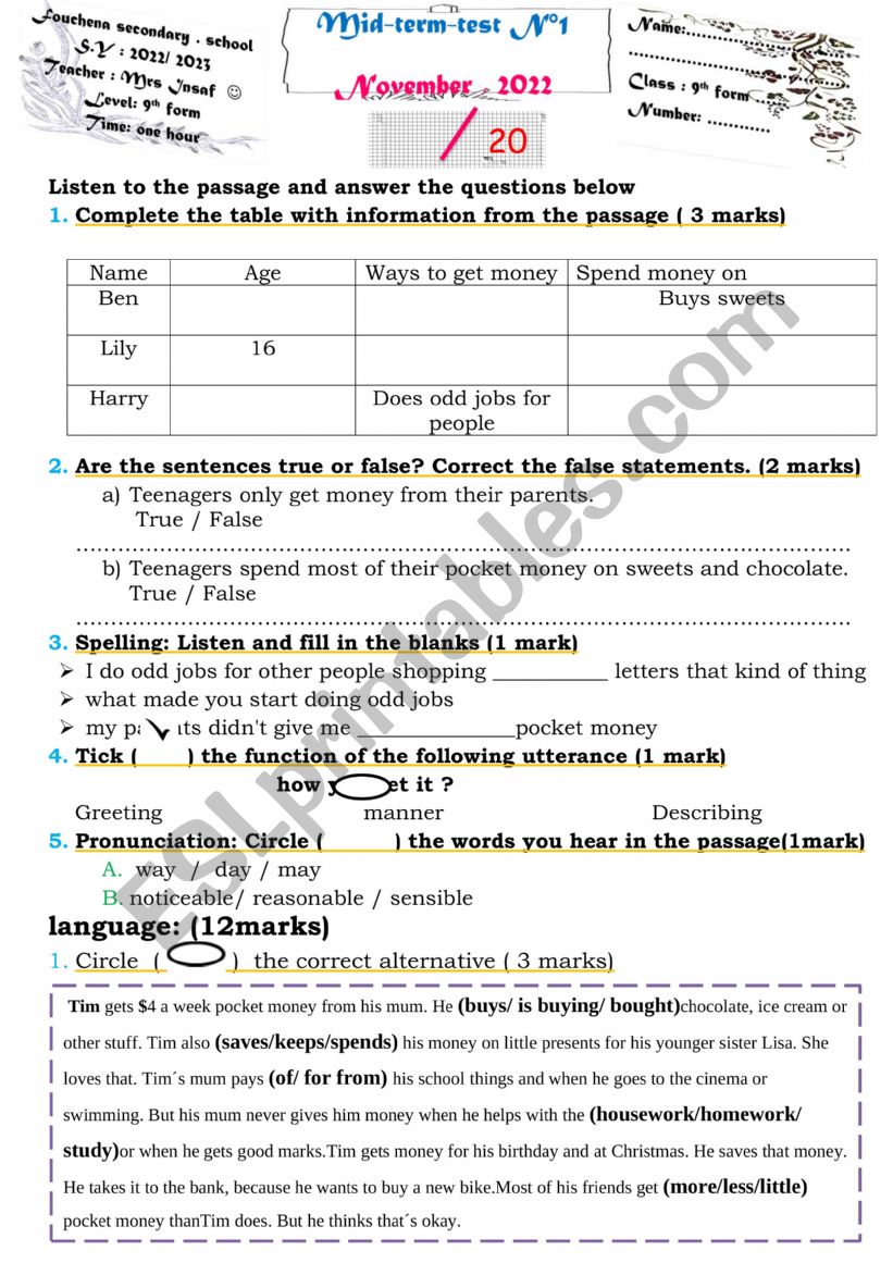 Mid Term Test N°1 - ESL Worksheet By Insaf Hamed