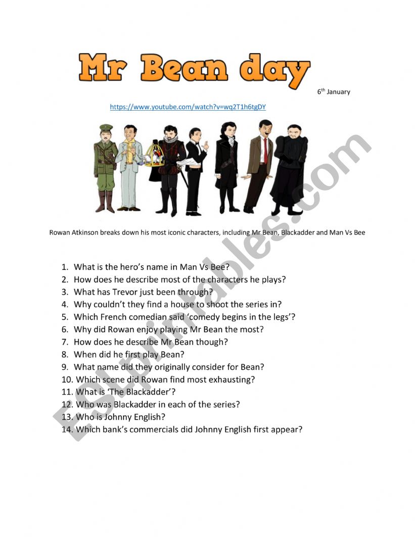 Mr Bean day - 6th January worksheet