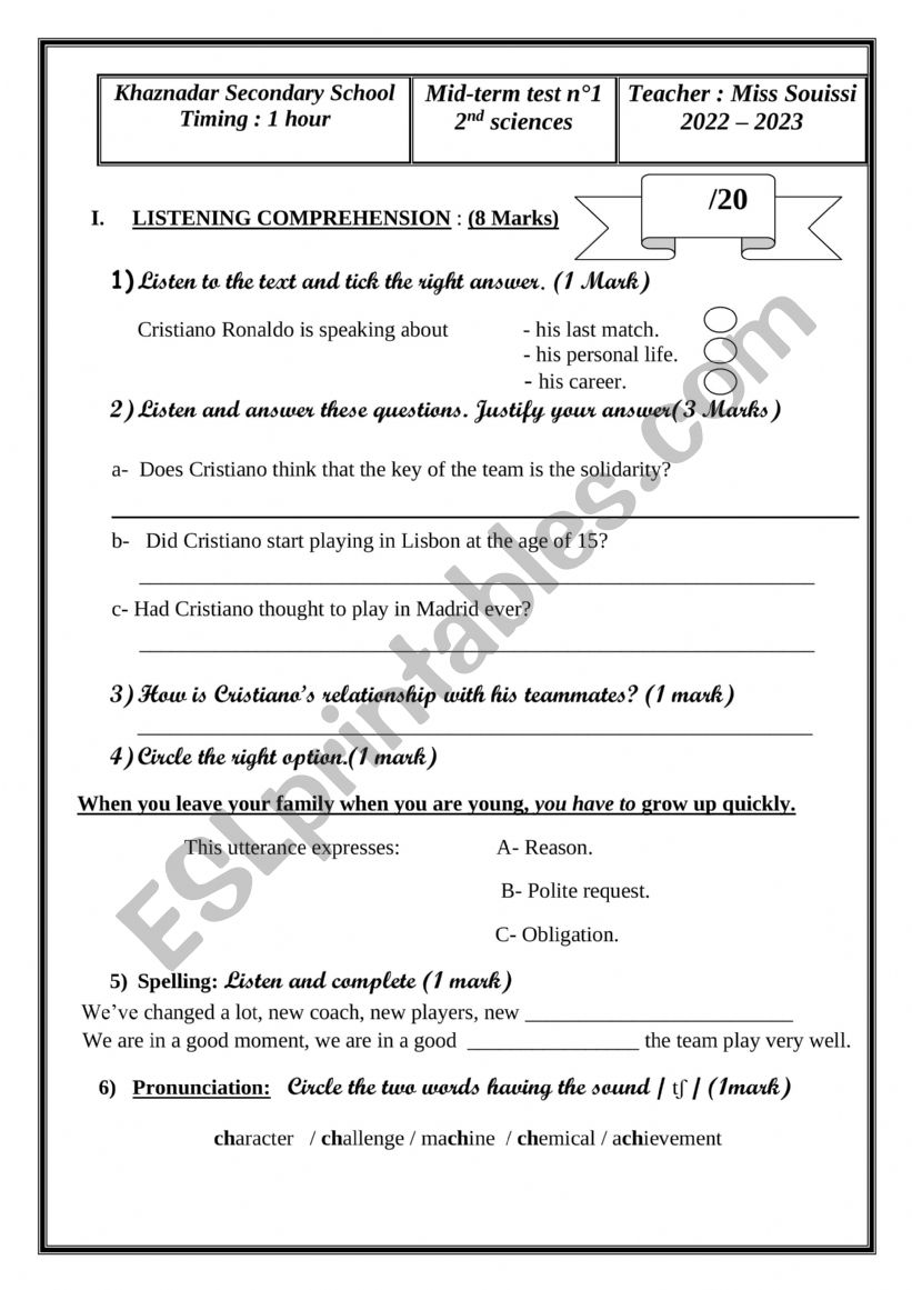 mid-term test n1 2nd sciences worksheet