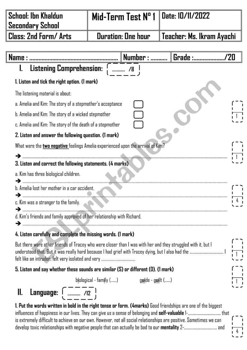 2nd Form - Arts - Mid-Term Test n 1