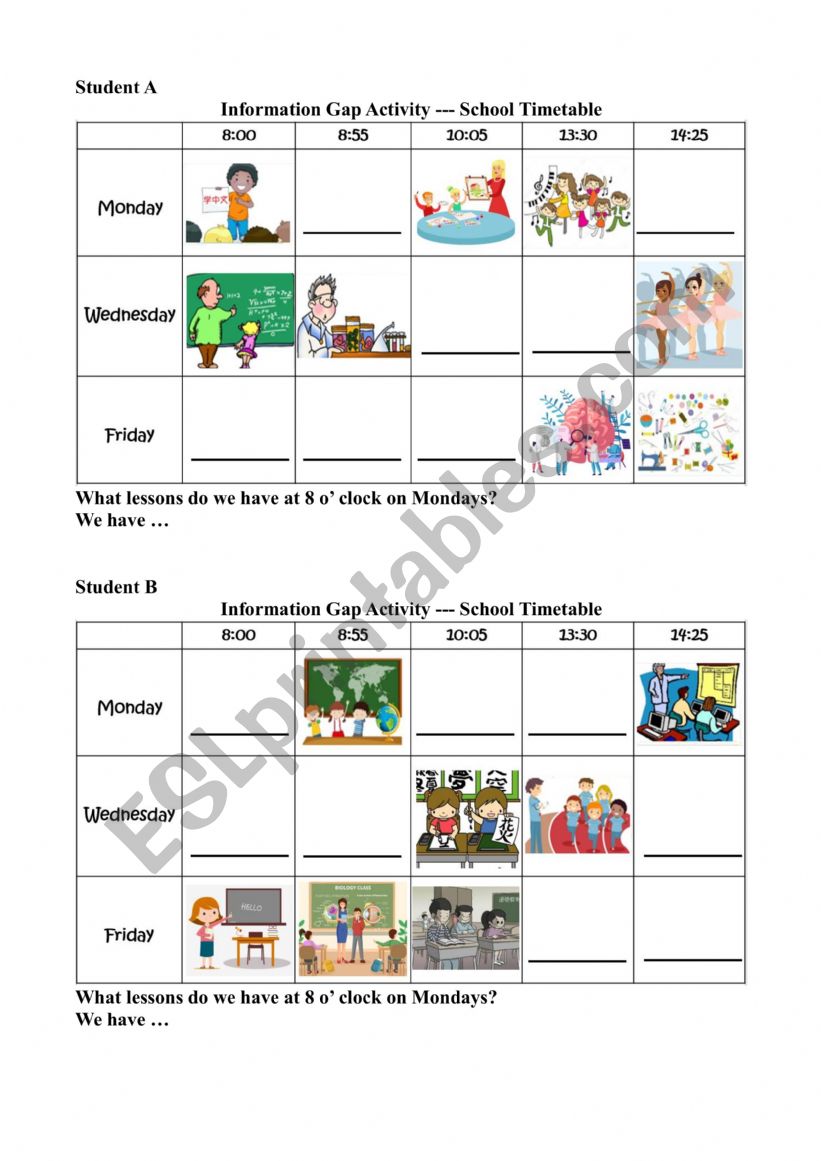 information-gap-activity-class-schedule-esl-worksheet-by-yutong901122