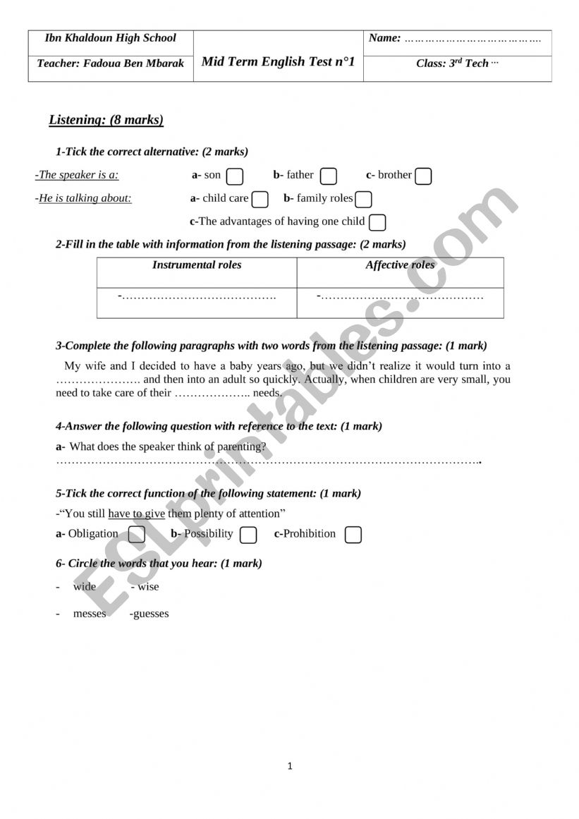 3rd form test n°1 - ESL worksheet by fadwa ben mbarek