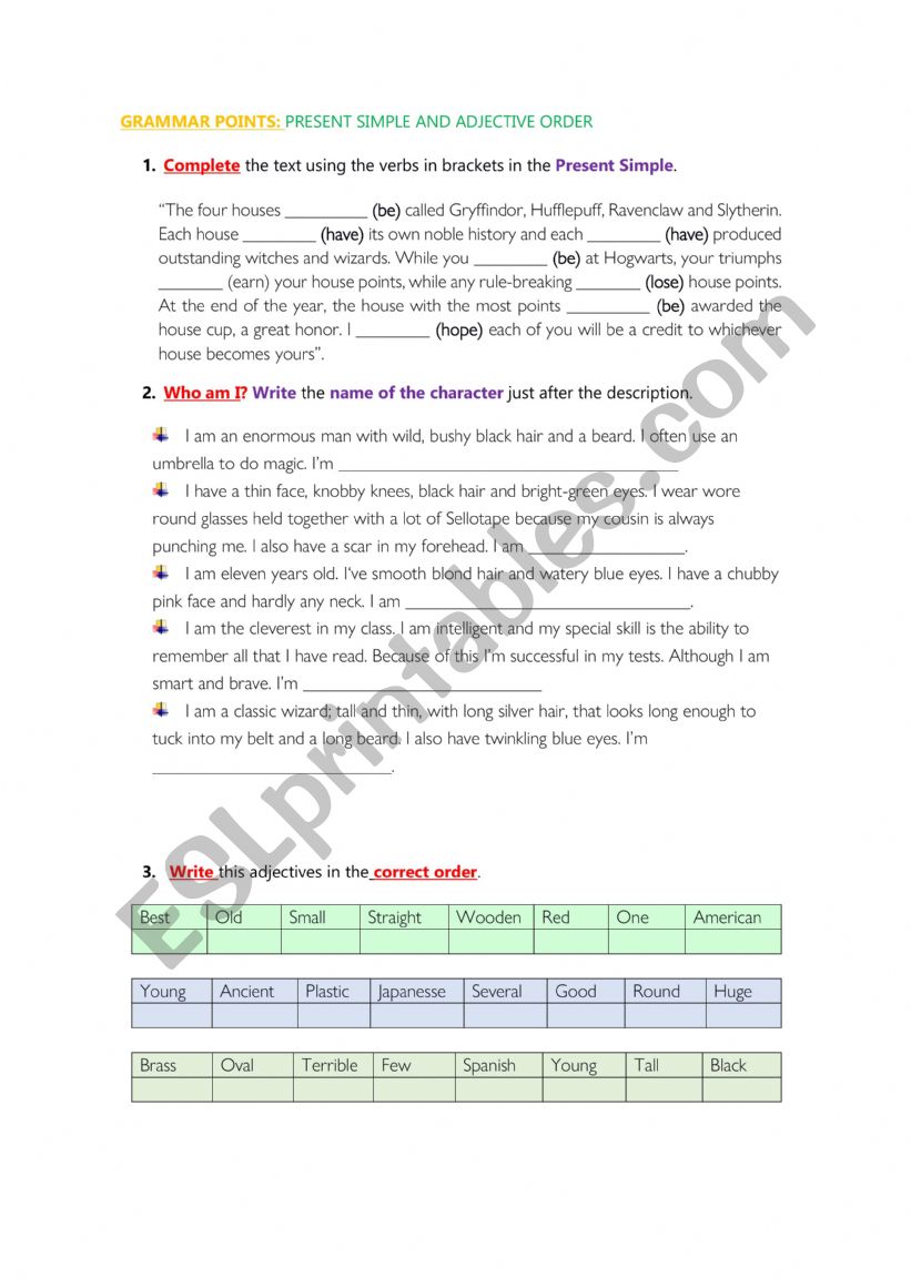 PRESENT SIMPLE AND ADJECTIVE ORDER WITH HARRY POTTER