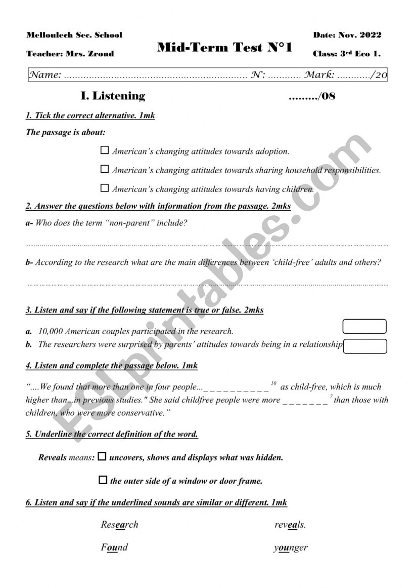 Mid term test N1 worksheet