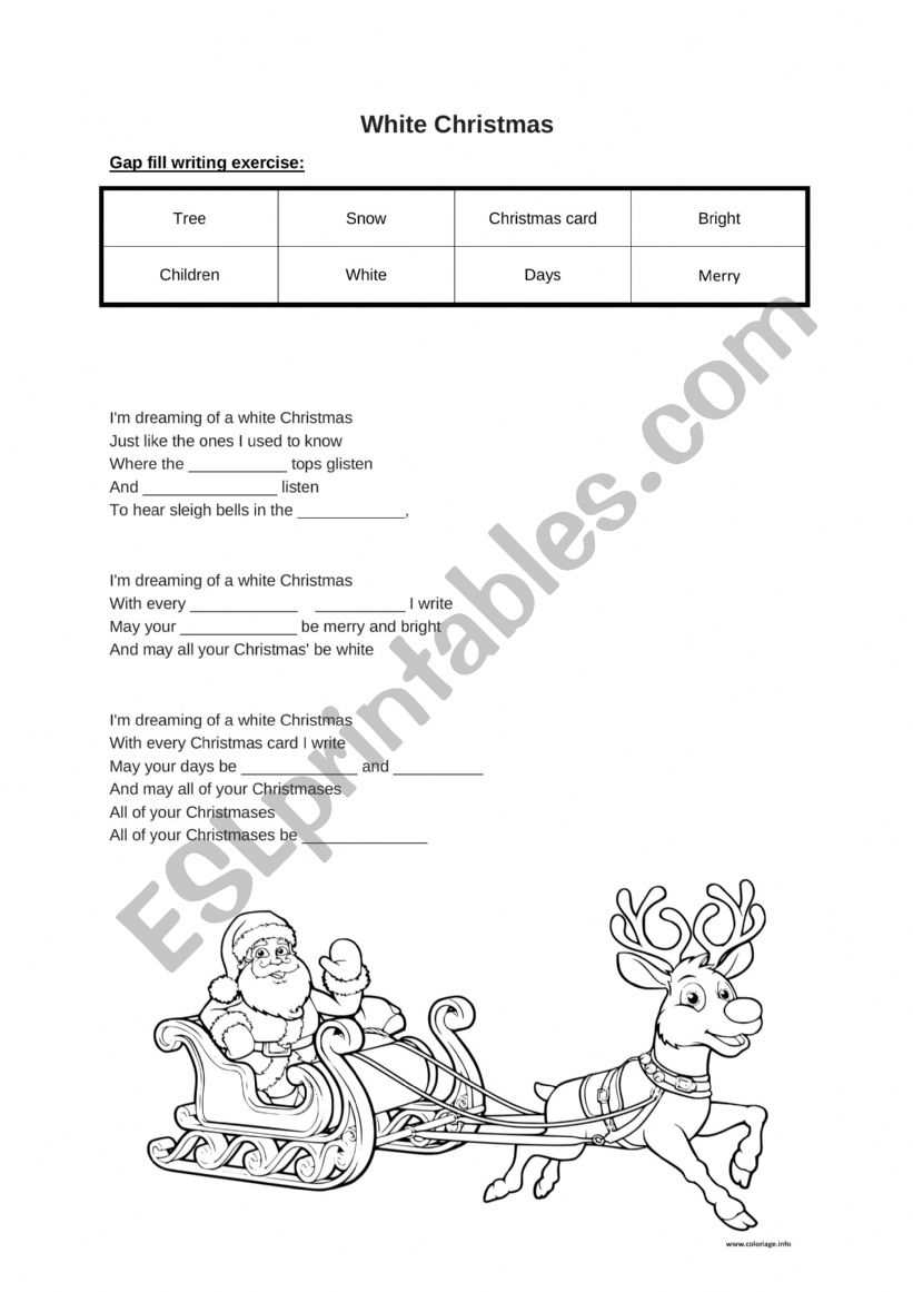 White Christmas Gap Fill Writing Exercise ESL Worksheet By CeliaFrench