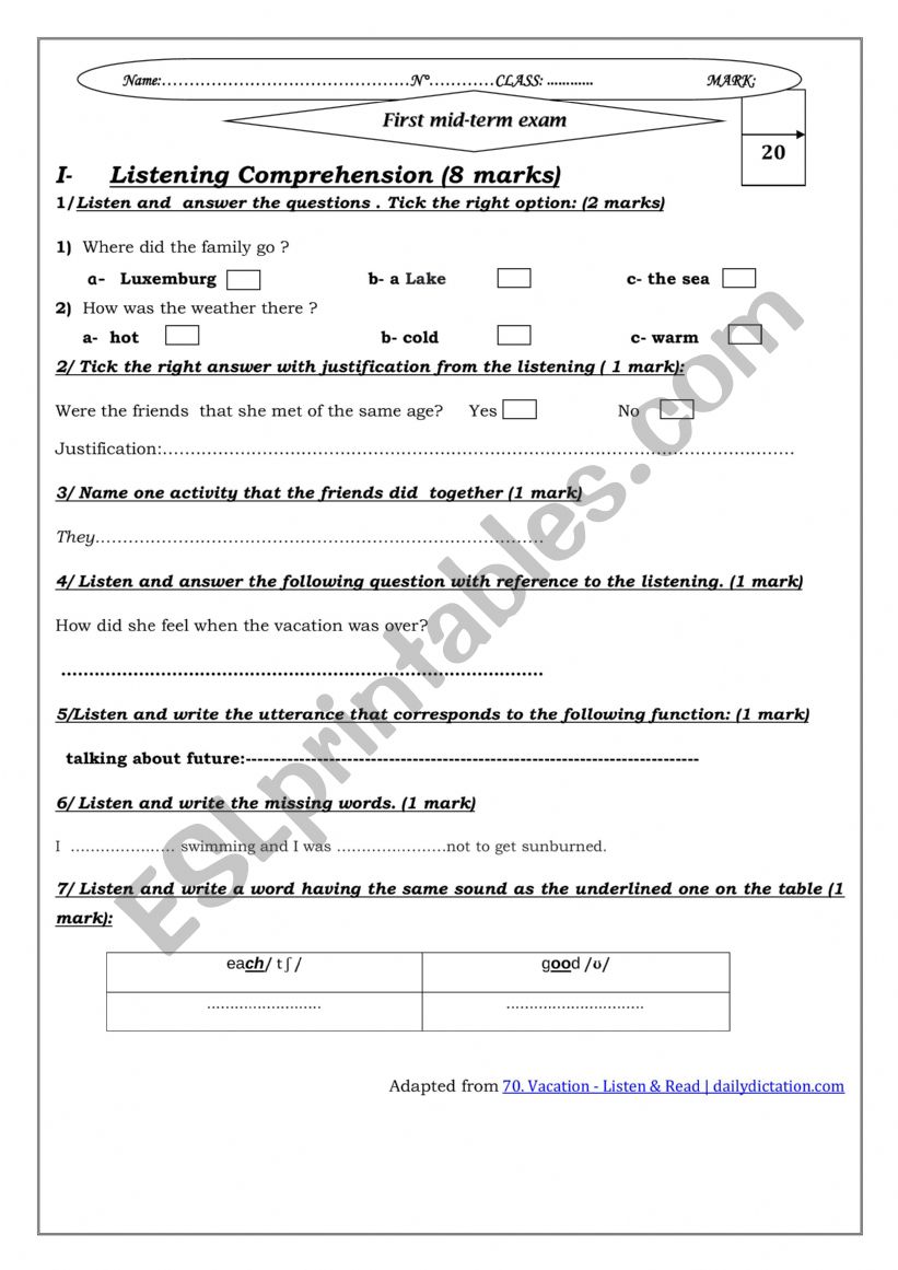 first mid term exam 8 th form worksheet