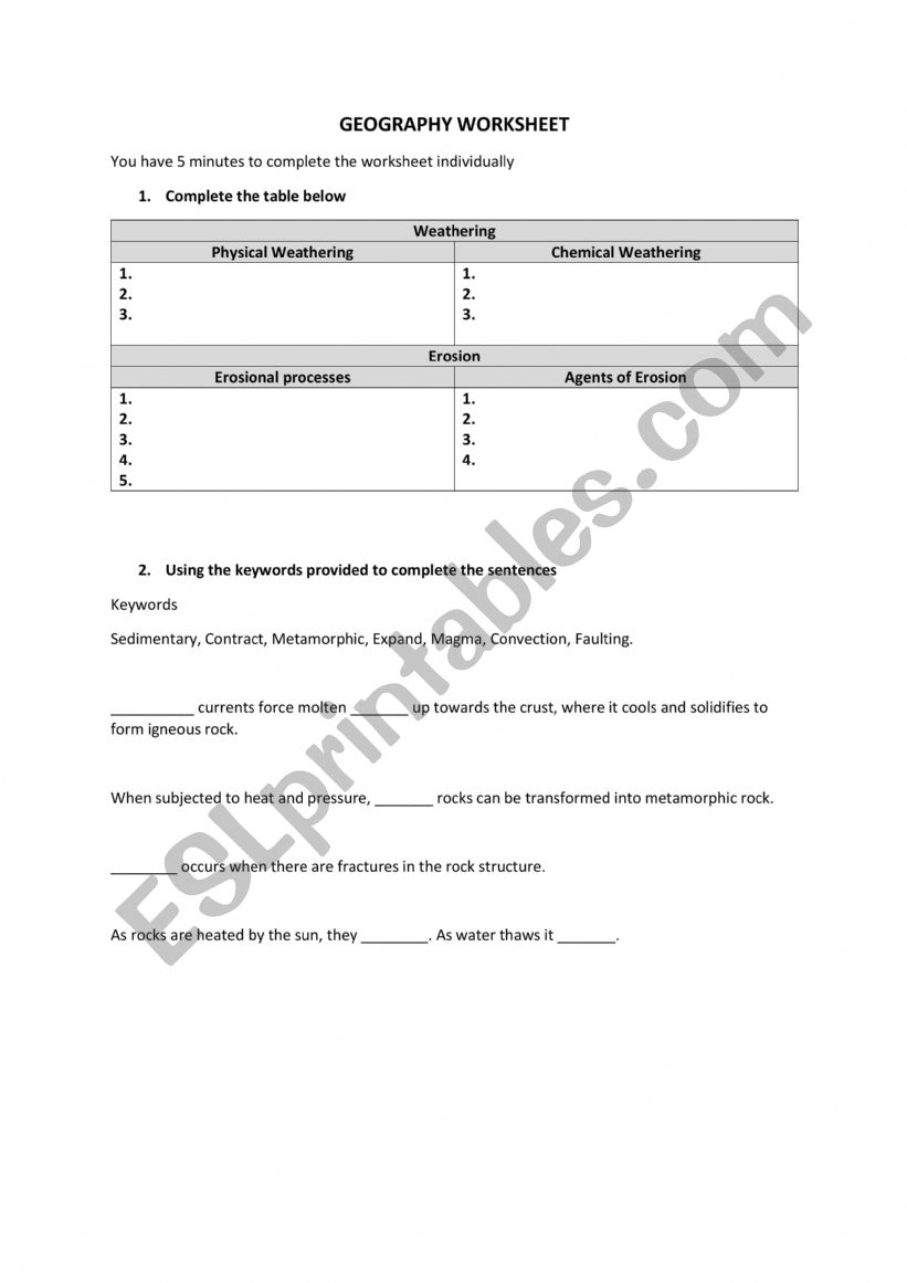 Weathering Worksheet worksheet