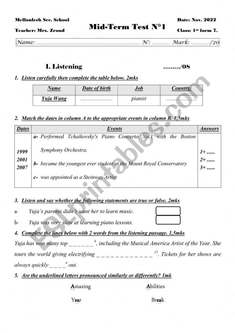 mid term test 1st form worksheet