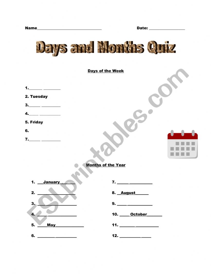 Days of the week and Months of the year Quiz 