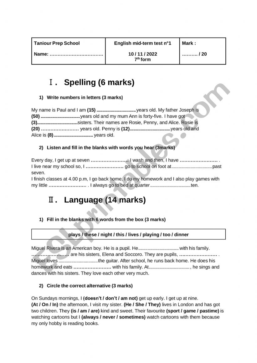 mid-term test n1 worksheet