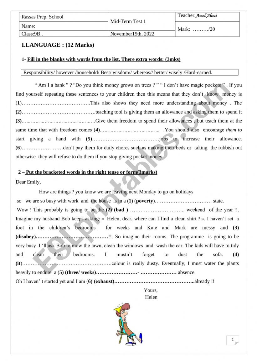 9th Form Mid-Term Test 1 worksheet