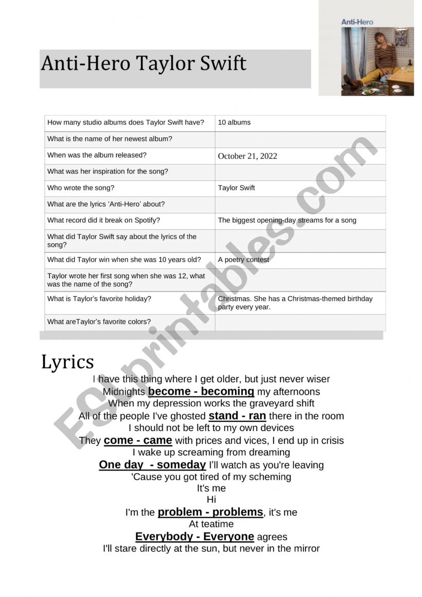 Song Worksheet - Foo Fighters, My Hero - ESL worksheet by LauraEBell